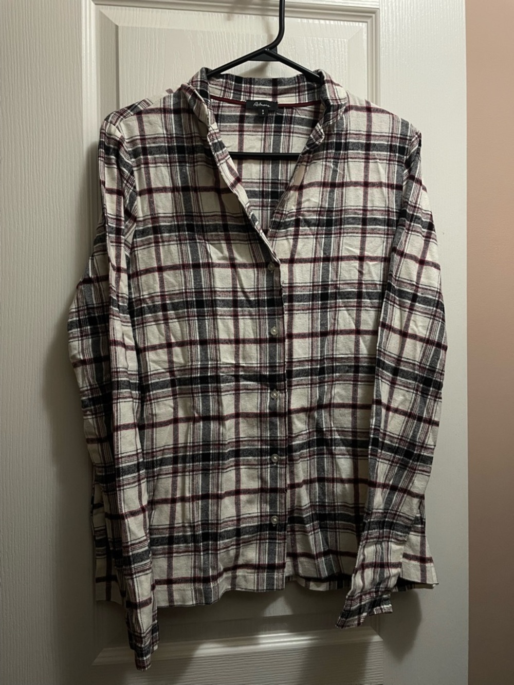 Reitmans White Plaid Button-Down Shirt with Black & Burgundy Stripes